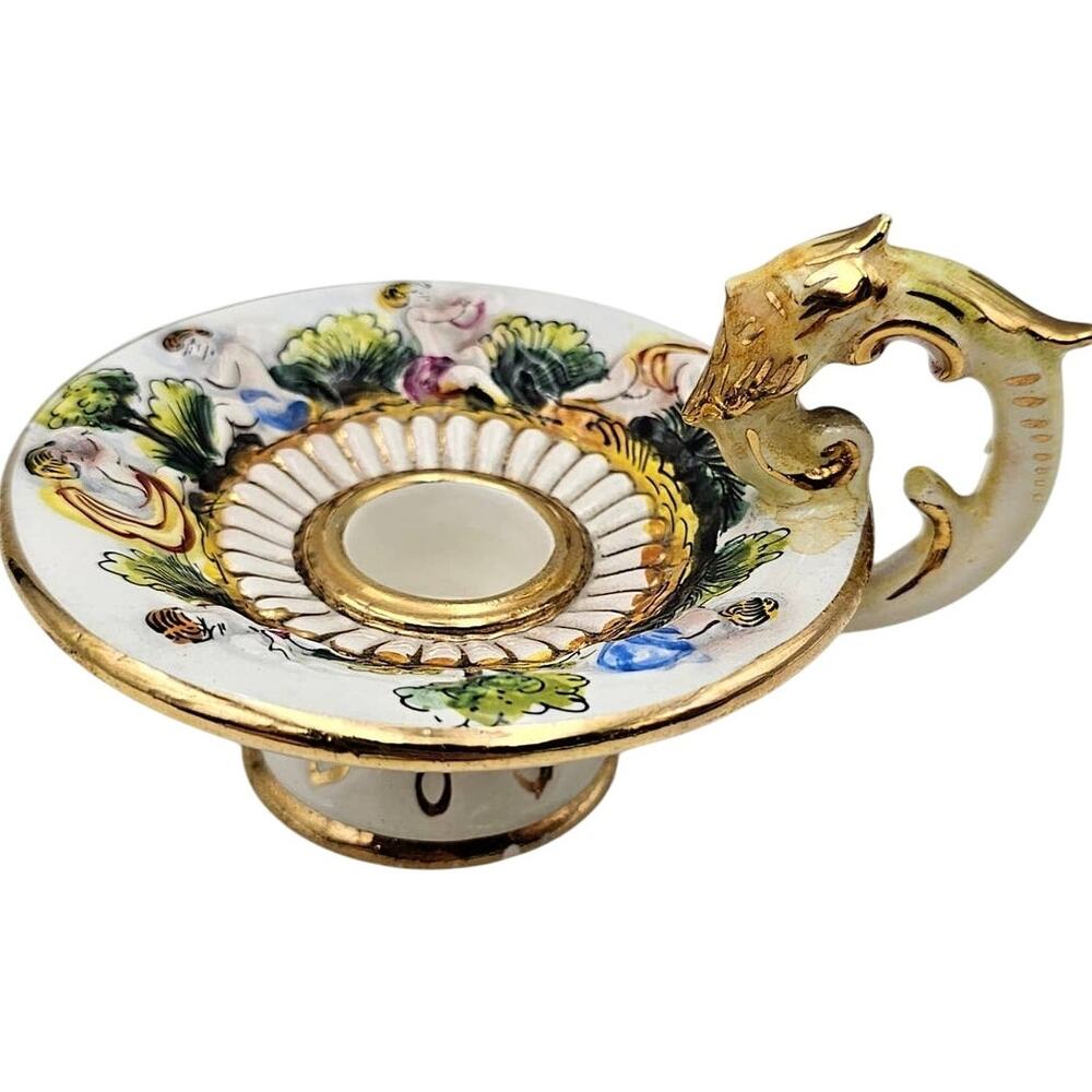 Vintage Capodimonte Italian Pottery Hand Painted Candle Holder Gold Numbered